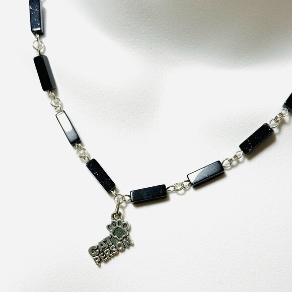 Dark Blue Goldstone Short Necklace w/ Silver Cat Person Paw Print Charm - Picture 1 of 14